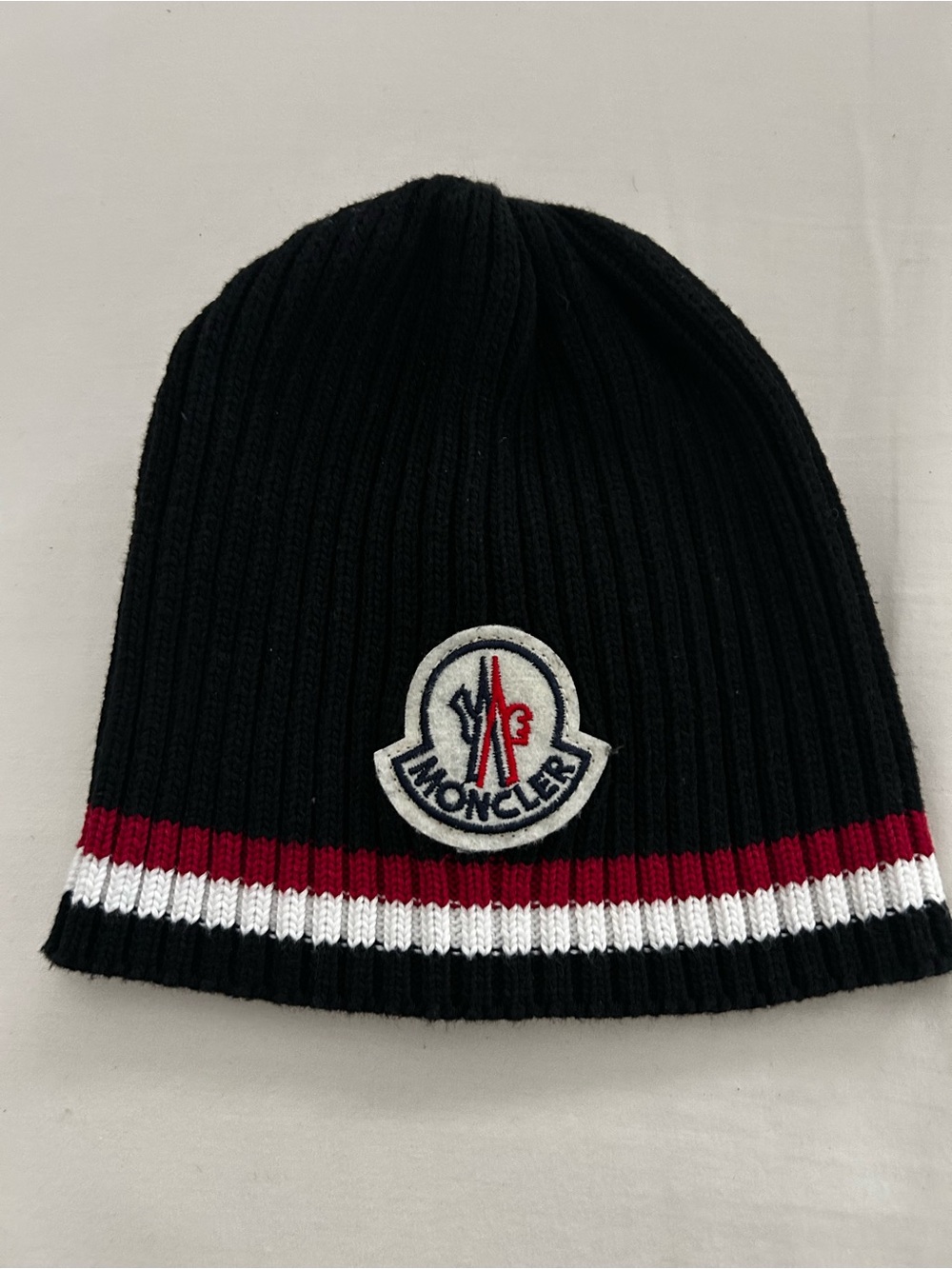 Moncler Black Knit Beanie with Red and White Trim (Kids)